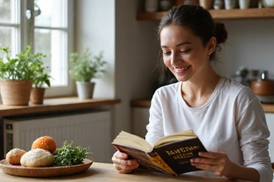 Γυναίκα που διαβάζει διατροφικό βιβλίο με χαμόγελο