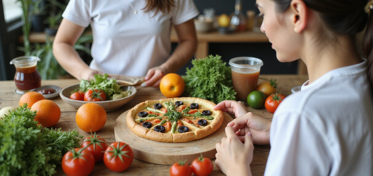 Εικόνα υγιεινού τρόπου ζωής με φρέσκα τρόφιμα και χαρούμενους ανθρώπους